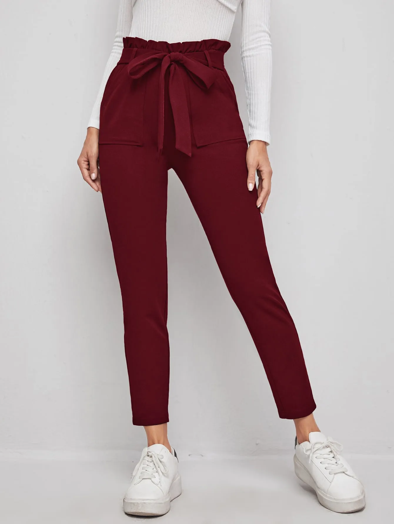 Casual Plain Paper Bag Waist High Waist Cropped Women Pants