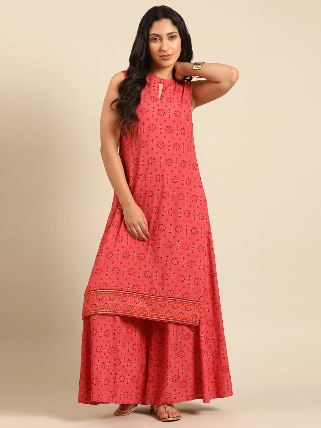 Coral Flared Kurta Pant Set