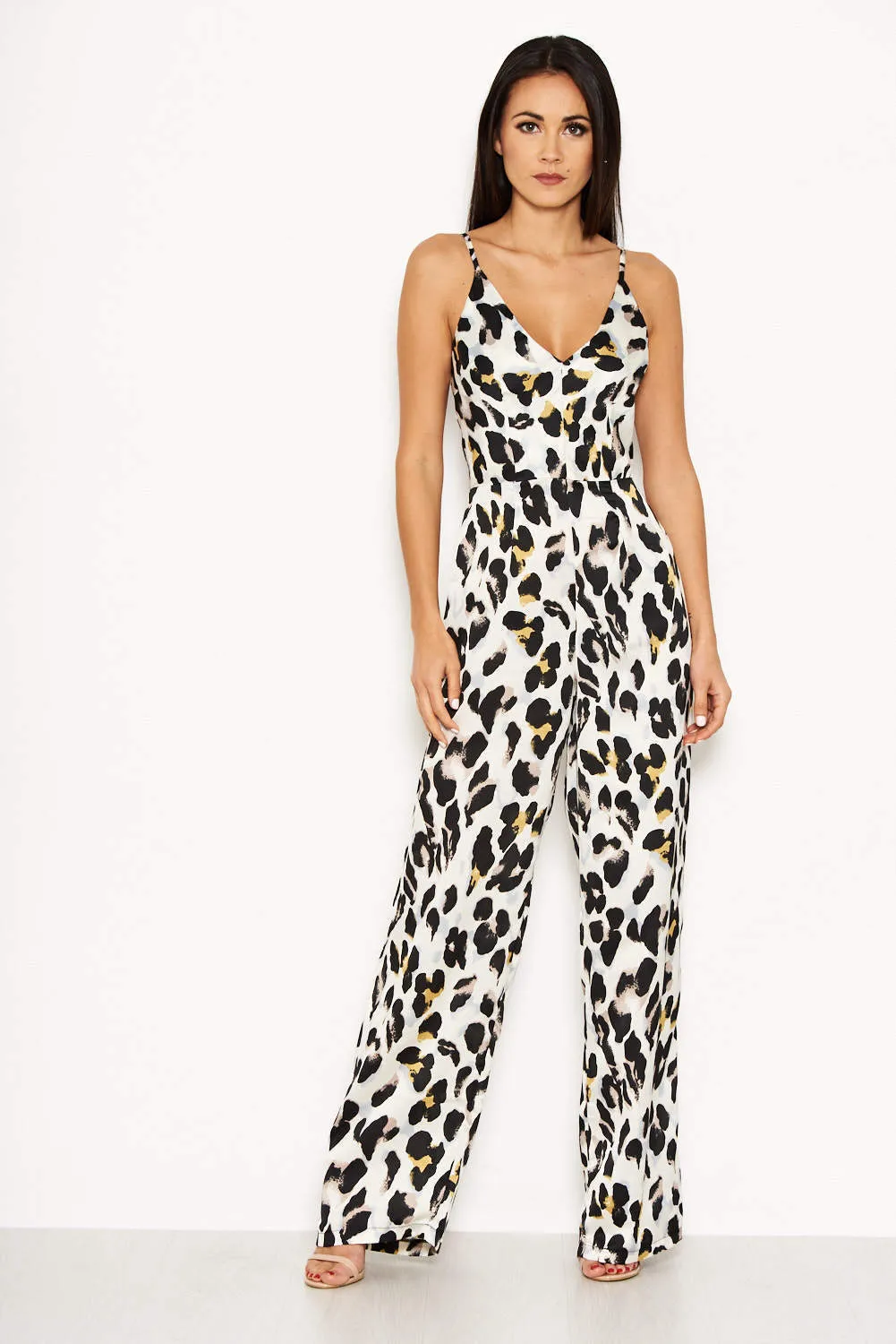 Cream Animal Print V Neck Jumpsuit