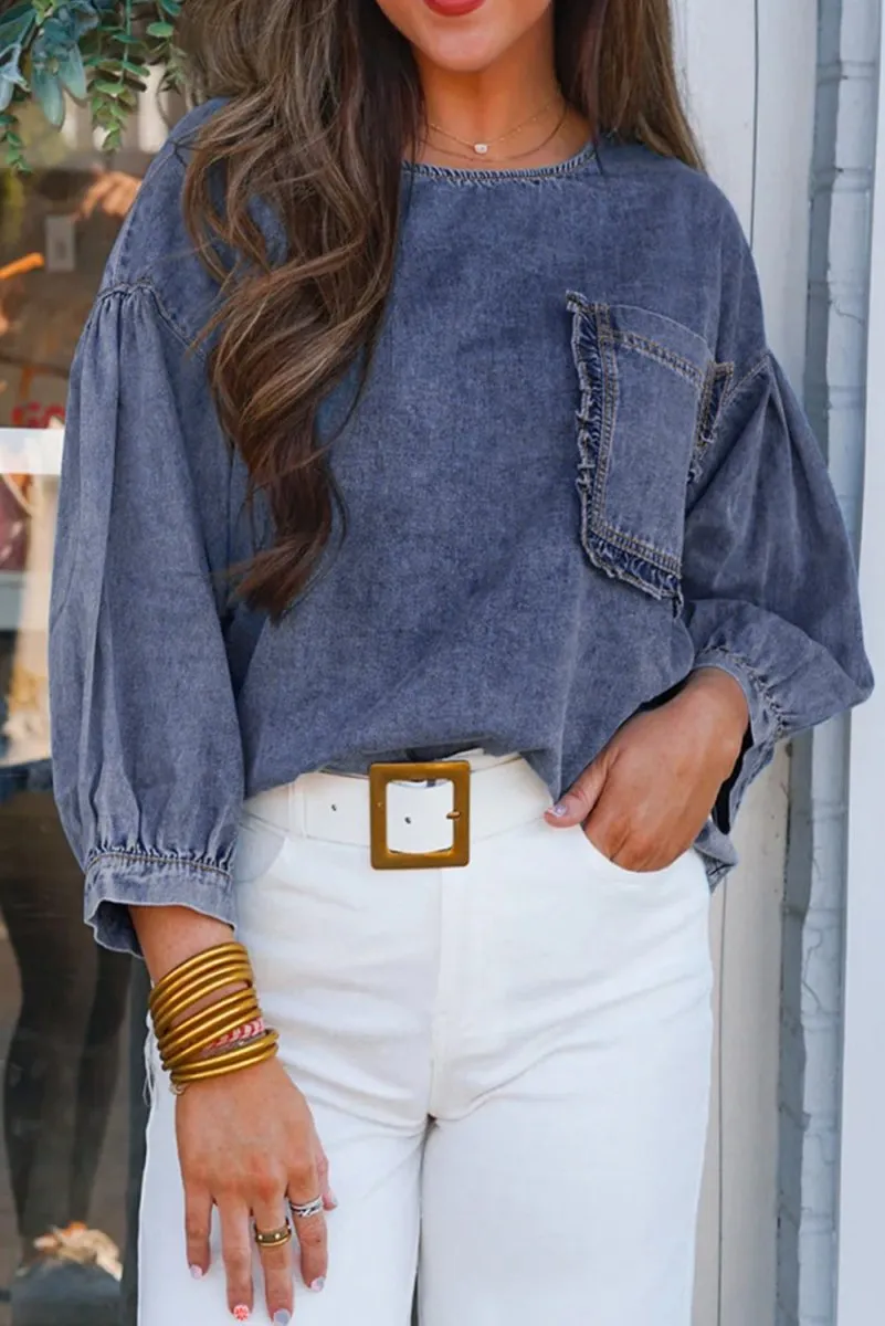 Dani Ruffled Denim Patched Blouse