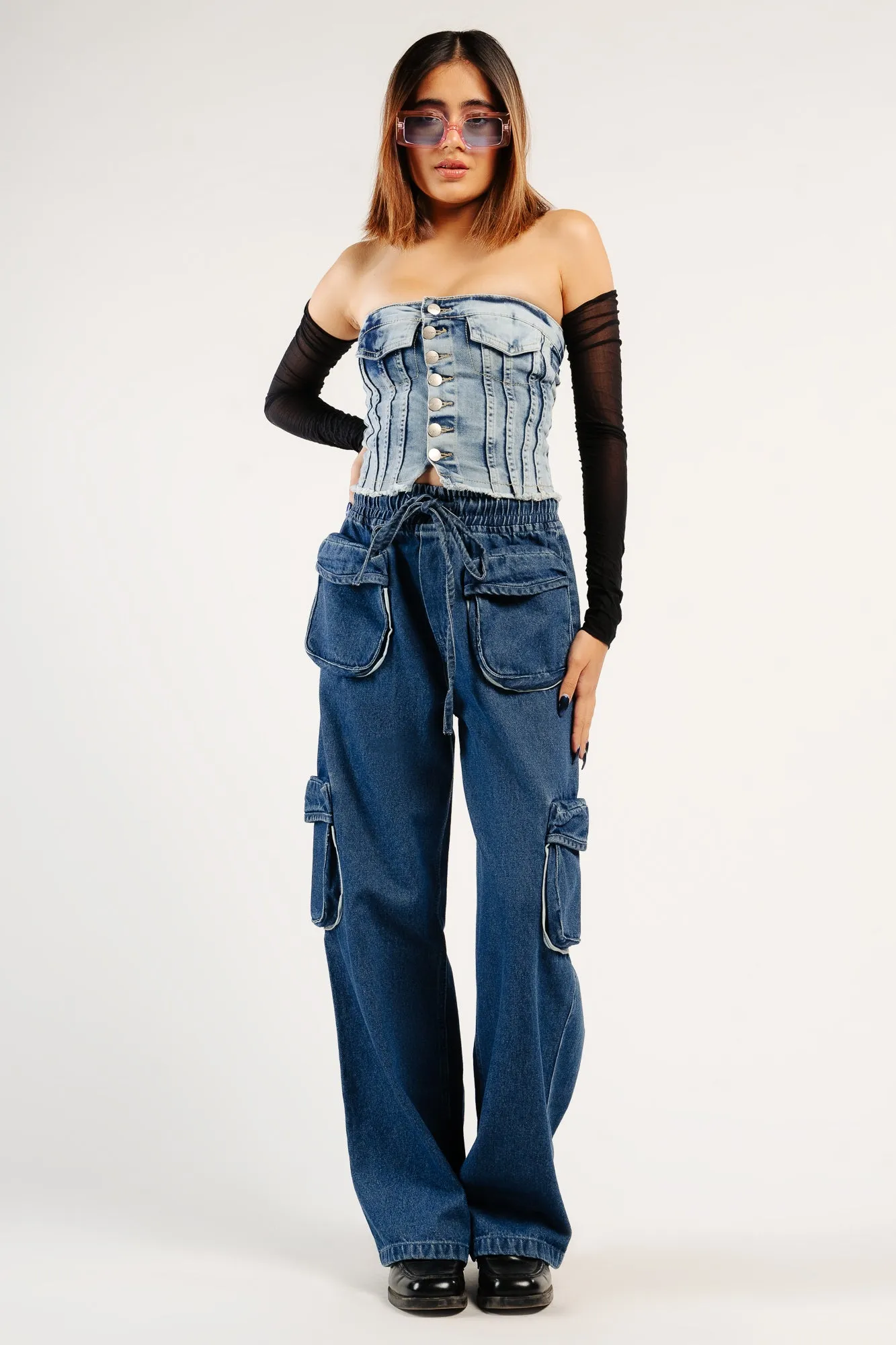 Denim Contrast Piping Cargo Pants