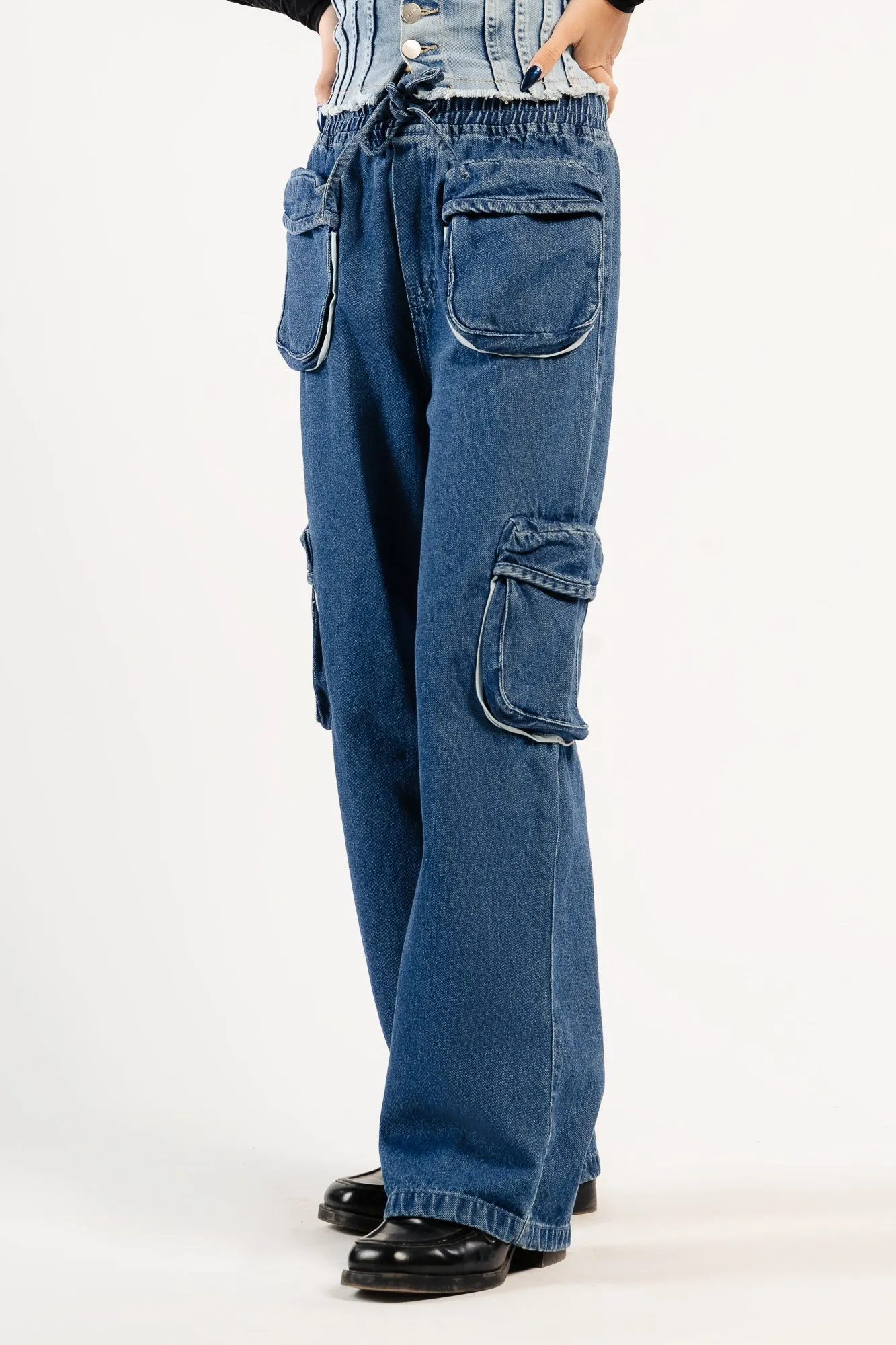 Denim Contrast Piping Cargo Pants