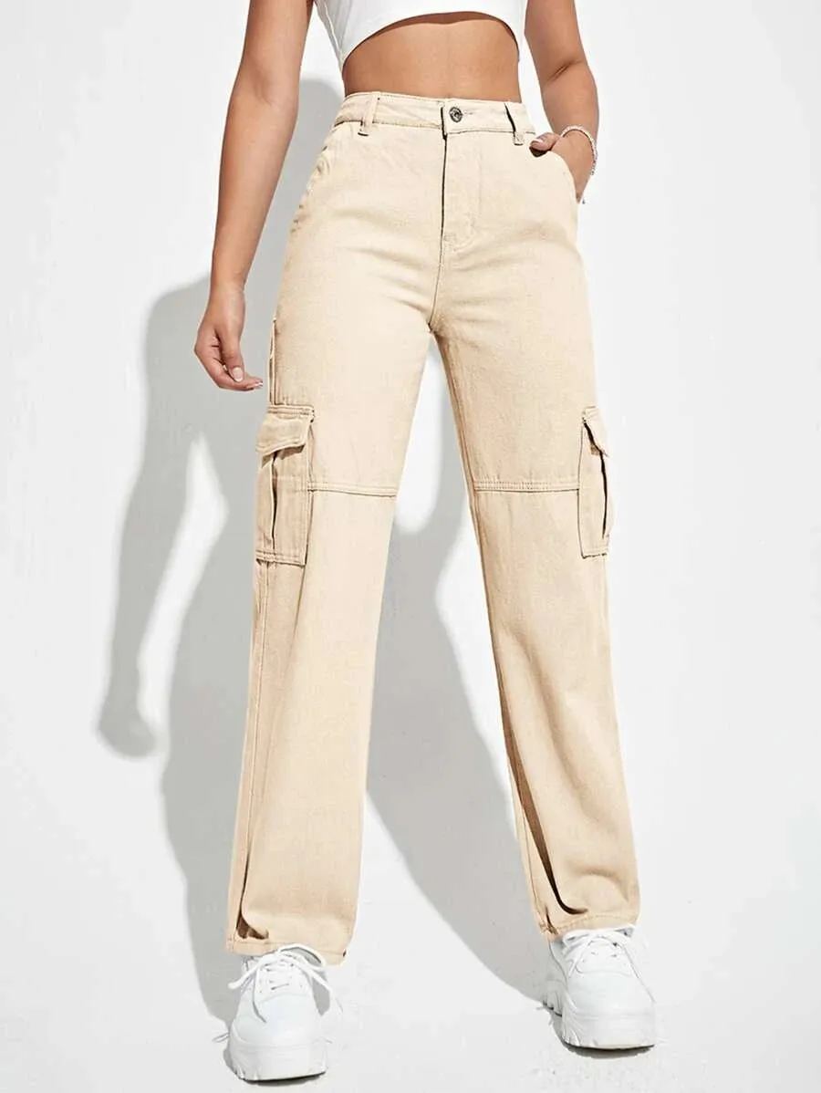 Denim High Waist Flap Pockets Cargo Jeans