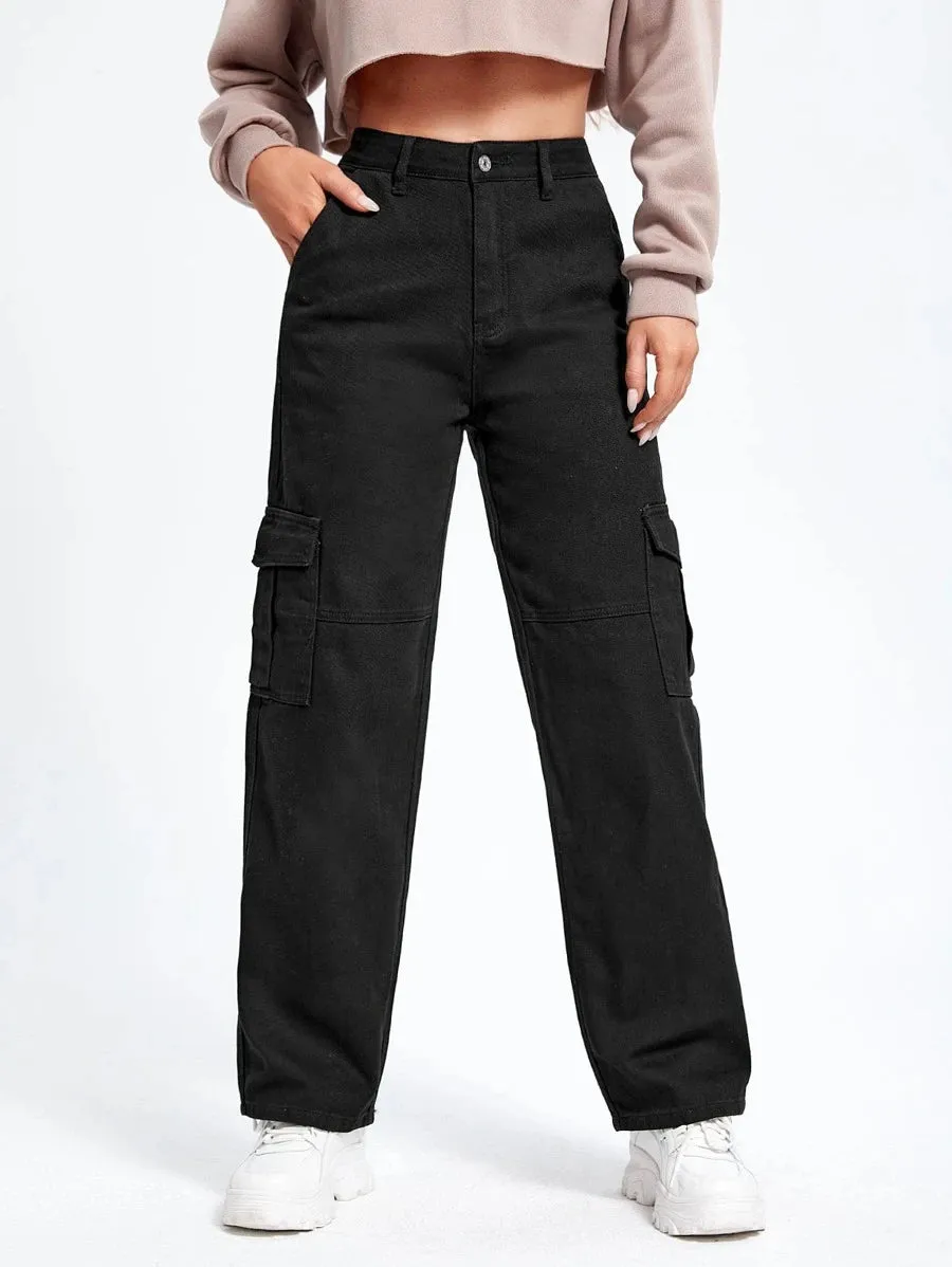 Denim High Waist Flap Pockets Cargo Jeans