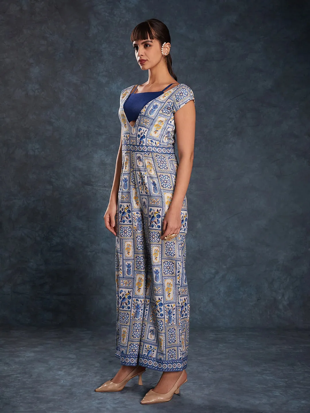 Designer Navy Blue Printed Jumpsuit