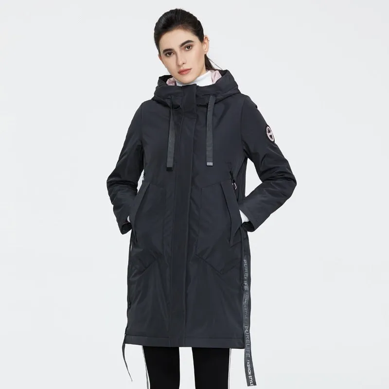 Drawstring Hood Windbreaker Women's Parka Coat