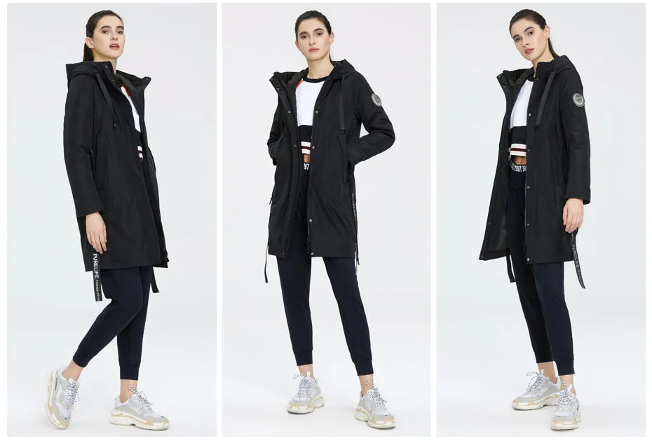 Drawstring Hood Windbreaker Women's Parka Coat