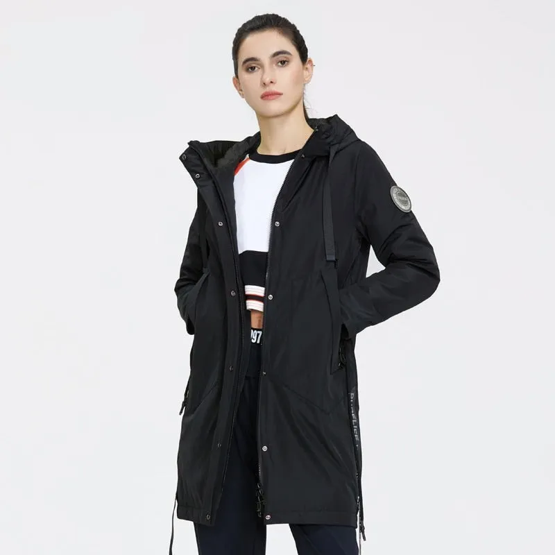 Drawstring Hood Windbreaker Women's Parka Coat