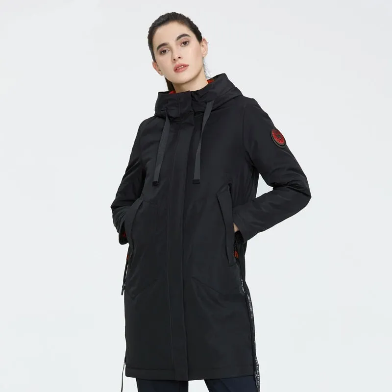 Drawstring Hood Windbreaker Women's Parka Coat