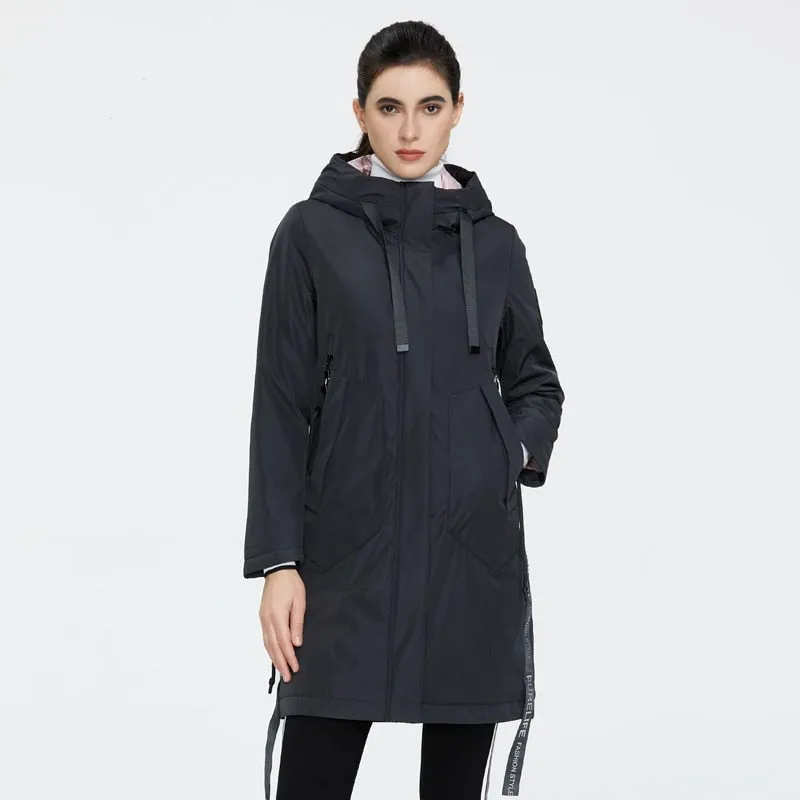 Drawstring Hood Windbreaker Women's Parka Coat