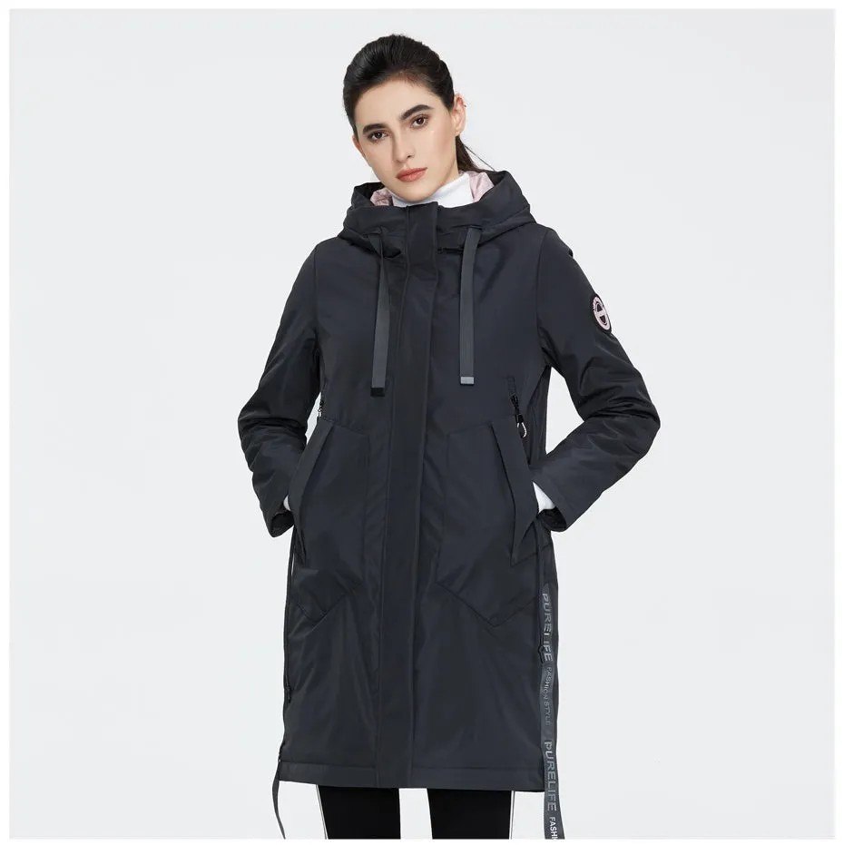 Drawstring Hood Windbreaker Women's Parka Coat