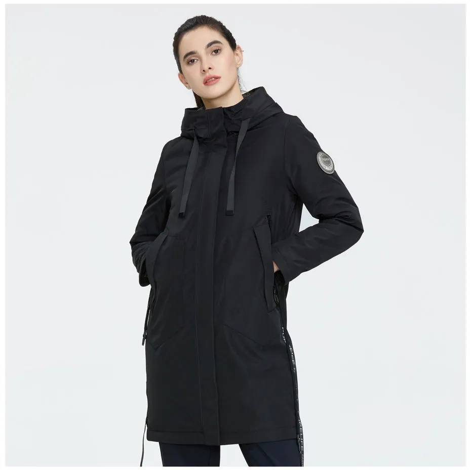 Drawstring Hood Windbreaker Women's Parka Coat