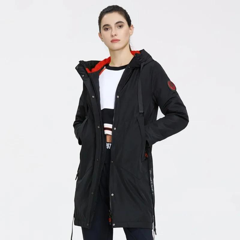 Drawstring Hood Windbreaker Women's Parka Coat