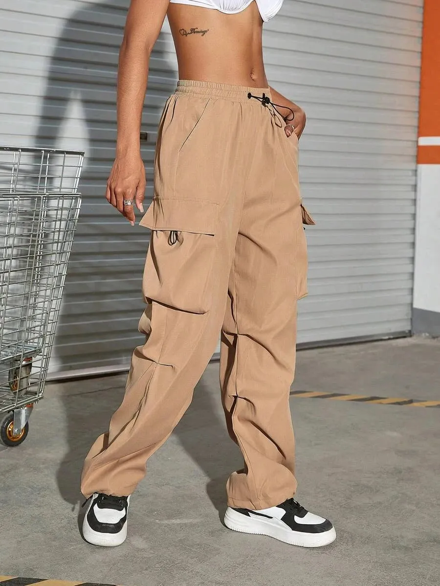 Drawstring Waist Pocket Side Parachute Cargo Pants