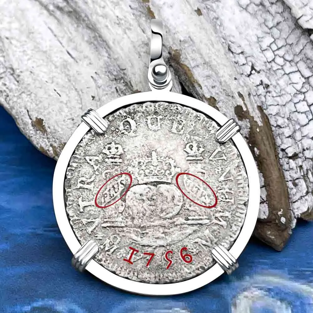 El Cazador Shipwreck Rare 1756 Pillar Dollar 2 Reale Sterling Silver Treasure Coin Pendant | Artifact #8895