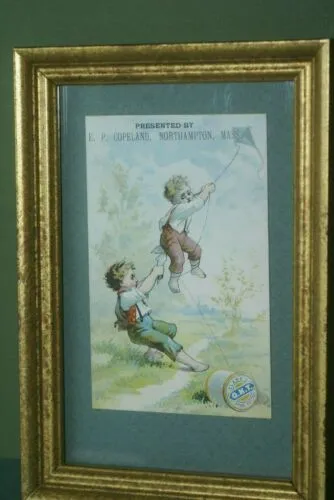 EPHEMERA AMERICANA WHIMSICAL ART: 1800's FRAMED ANTIQUE VICTORIAN ADVERTISING TRADE CARD: CLARK'S GIRL SEWS BOY'S PANTS (DFPO1T) HAND PAINTED FRAME BY ARTIST QUITE UNIQUE  COLLECTOR COLLECTIBLE WALL DÉCOR UNIQUE CHILD’S ROOM