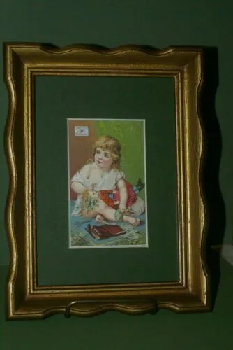 EPHEMERA AMERICANA WHIMSICAL ART: 1800's FRAMED ANTIQUE VICTORIAN ADVERTISING TRADE CARD: CLARK'S GIRL SEWS BOY'S PANTS (DFPO1T) HAND PAINTED FRAME BY ARTIST QUITE UNIQUE  COLLECTOR COLLECTIBLE WALL DÉCOR UNIQUE CHILD’S ROOM