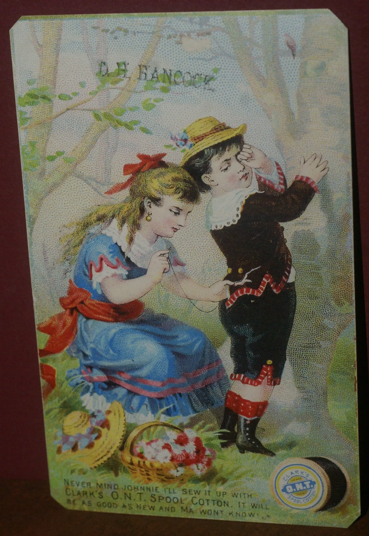 EPHEMERA AMERICANA WHIMSICAL ART: 1800's FRAMED ANTIQUE VICTORIAN ADVERTISING TRADE CARD: CLARK'S GIRL SEWS BOY'S PANTS (DFPO1T) HAND PAINTED FRAME BY ARTIST QUITE UNIQUE  COLLECTOR COLLECTIBLE WALL DÉCOR UNIQUE CHILD’S ROOM