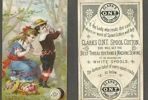 EPHEMERA AMERICANA WHIMSICAL ART: 1800's FRAMED ANTIQUE VICTORIAN ADVERTISING TRADE CARD: CLARK'S GIRL SEWS BOY'S PANTS (DFPO1T) HAND PAINTED FRAME BY ARTIST QUITE UNIQUE  COLLECTOR COLLECTIBLE WALL DÉCOR UNIQUE CHILD’S ROOM