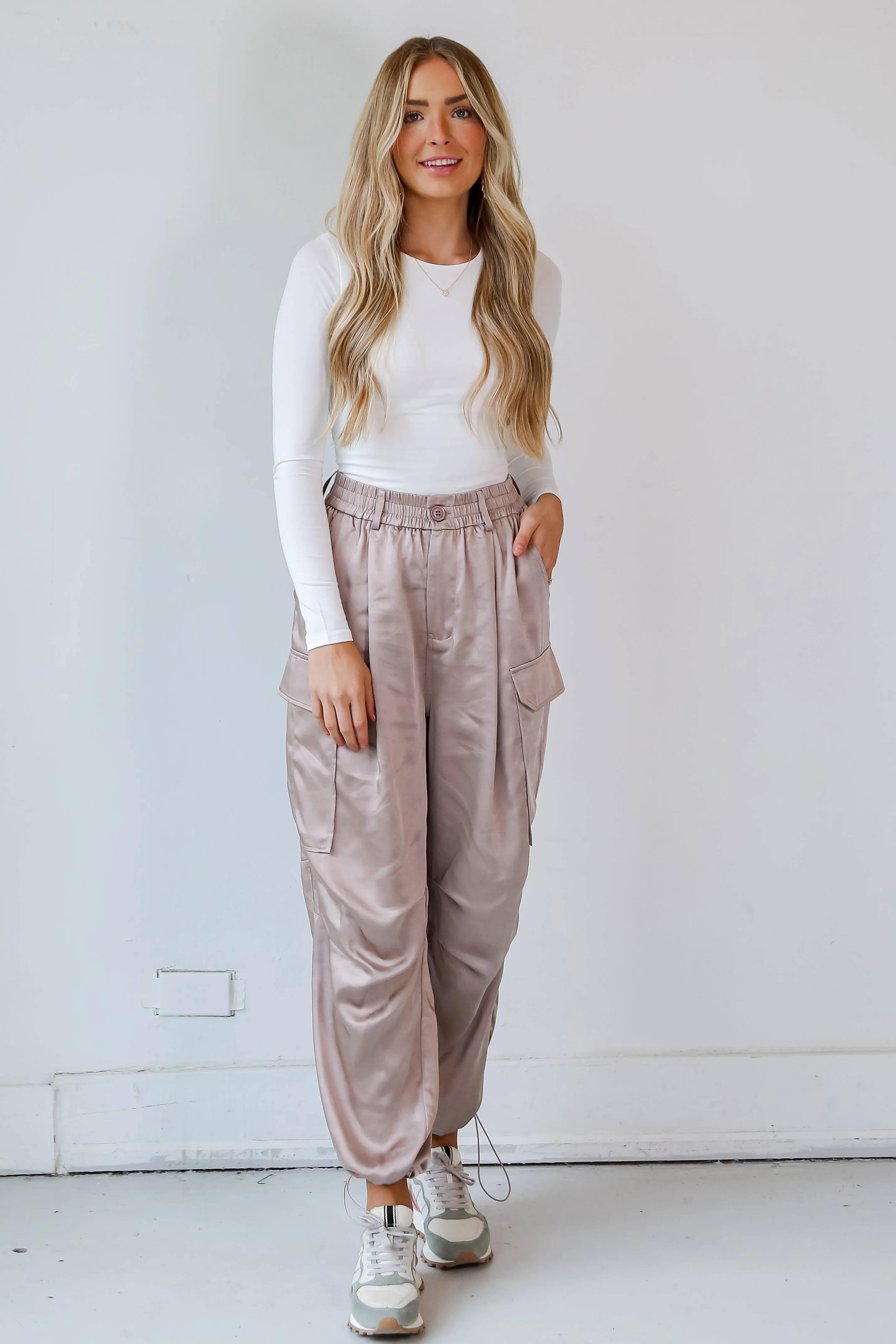 FINAL SALE - My Dream Come True Champagne Satin Cargo Pants