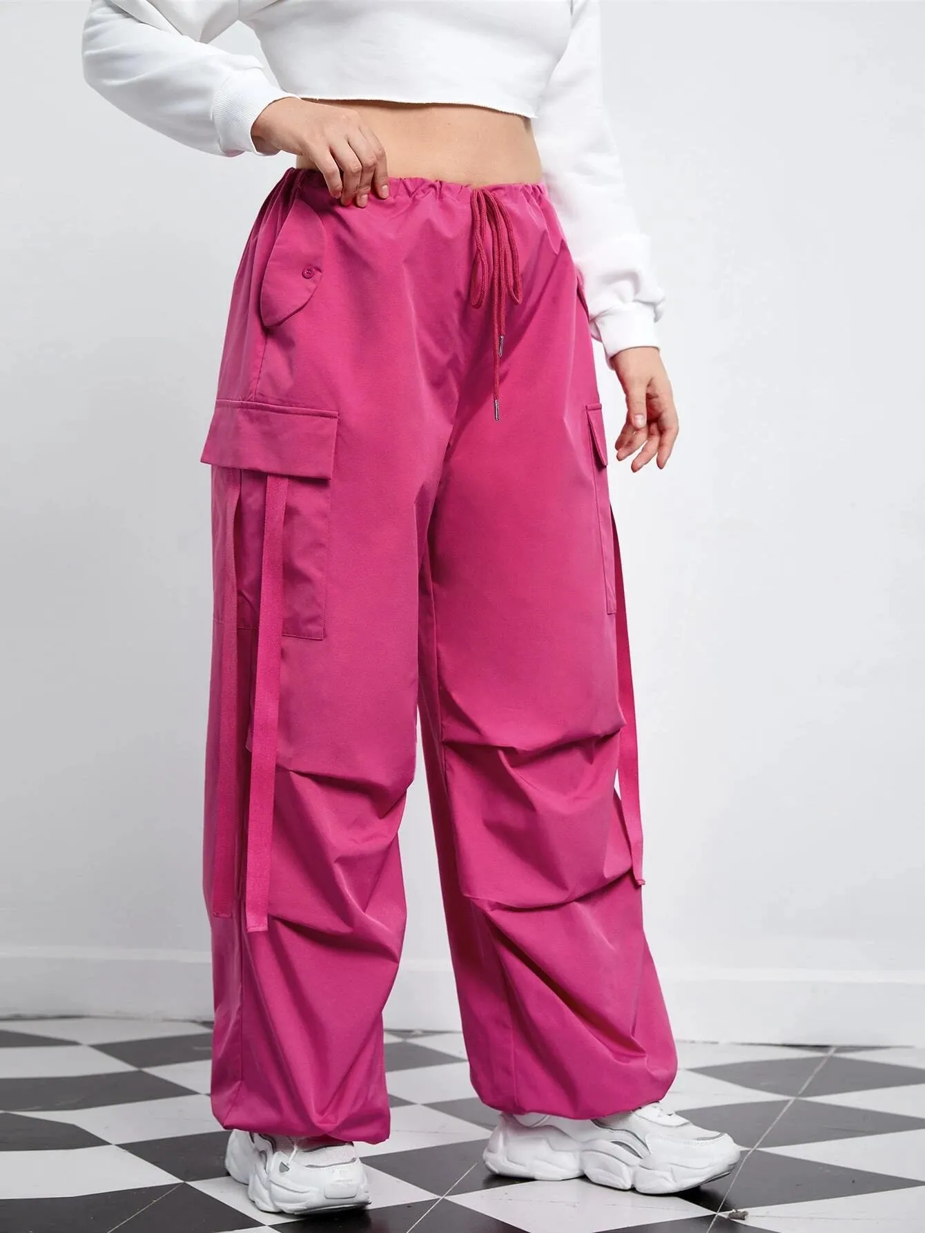 Flap Pocket Side Drawstring Waist Pants