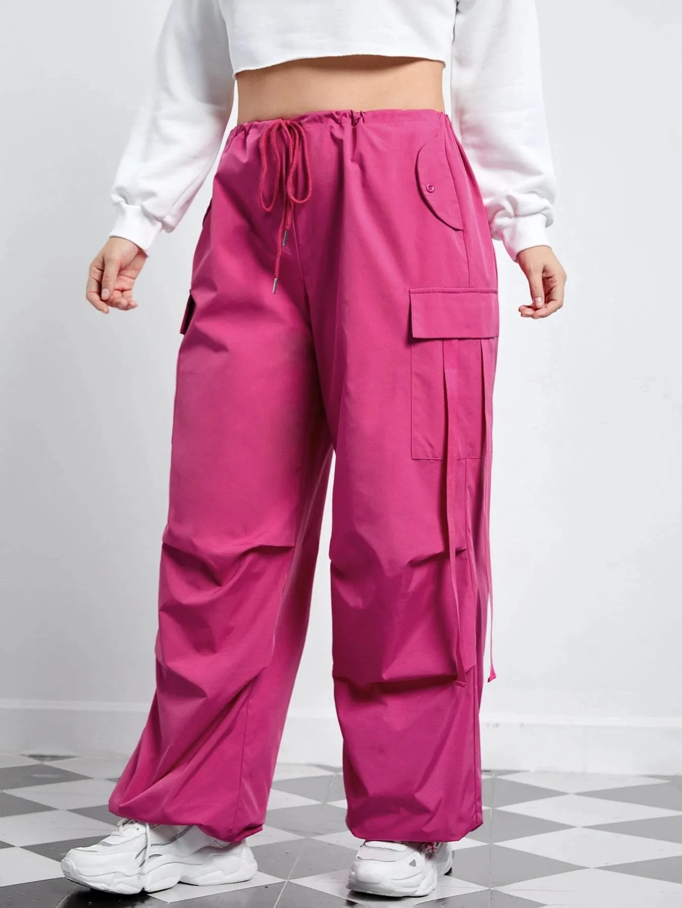 Flap Pocket Side Drawstring Waist Pants