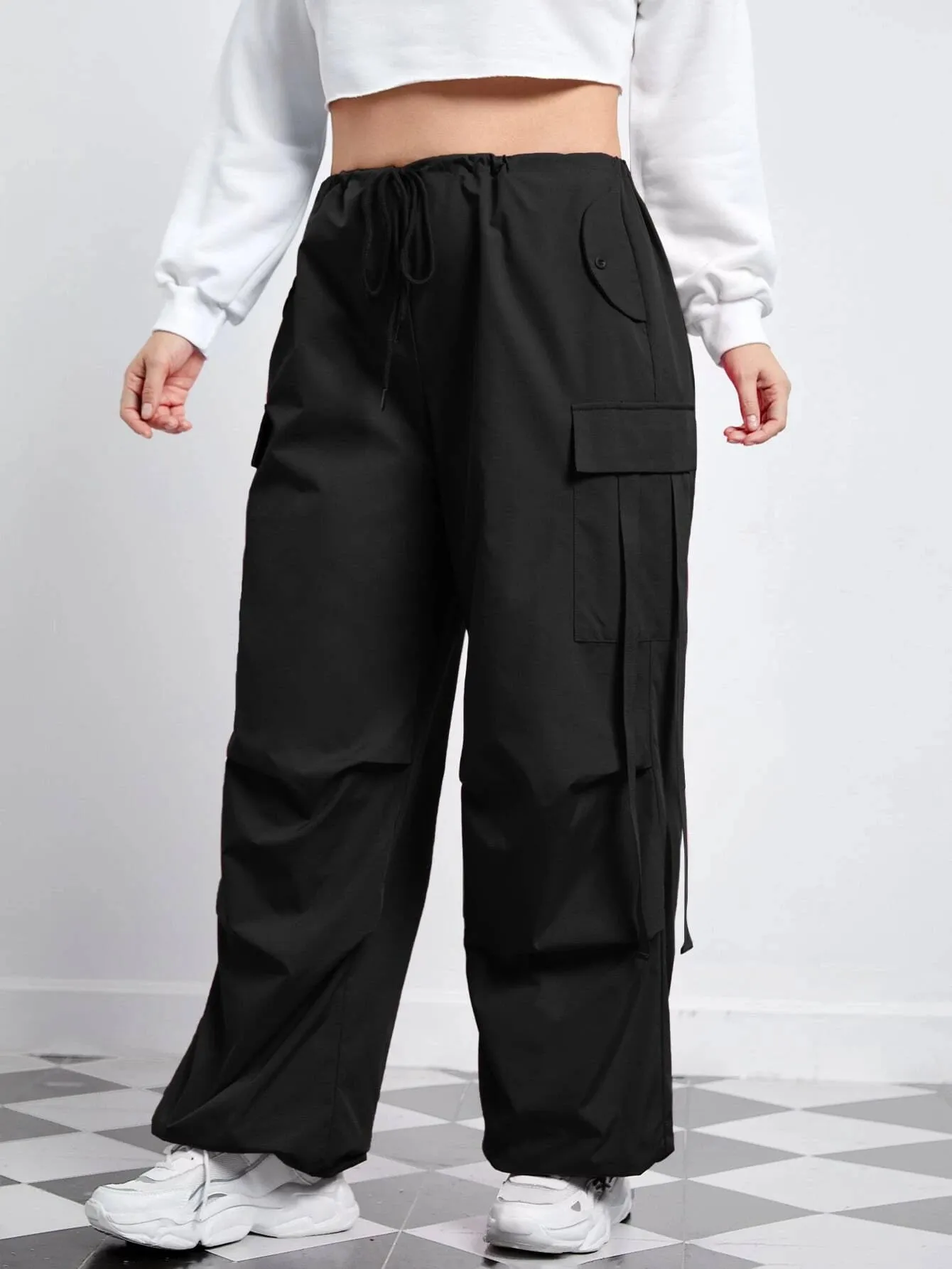 Flap Pocket Side Drawstring Waist Pants