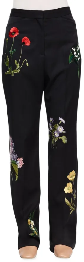 Floral-Embroidered High-Waist Dress Pants in Black