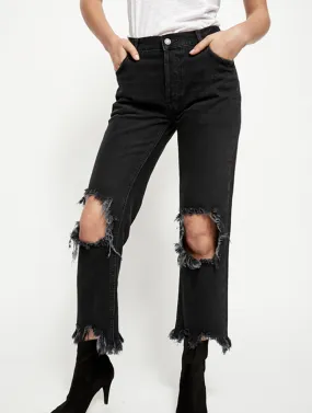 FREE PEOPLE: DISTRESSED BLACK MAGGIE JEANS