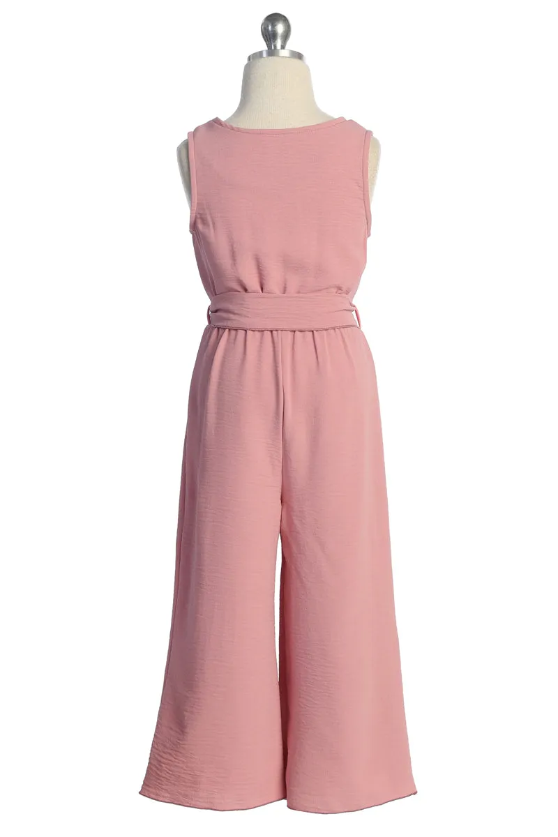 Girls Buttoned Sleeveless Jumpsuit with Waist Tie, Sizes 4-14