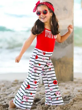 Girls Red Striped Floral Adjustable Spaghetti Strap Palazzo Jumpsuit with Crochet Fringe Collar