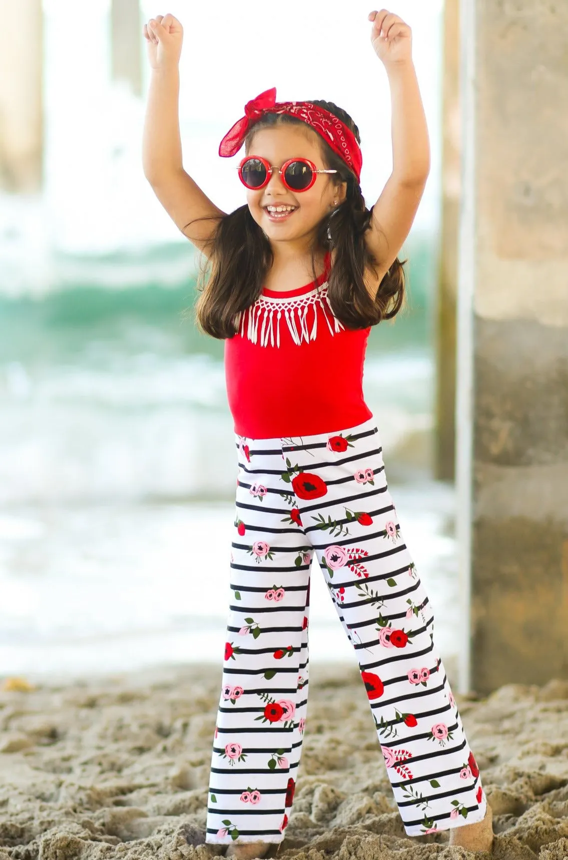 Girls Red Striped Floral Adjustable Spaghetti Strap Palazzo Jumpsuit with Crochet Fringe Collar