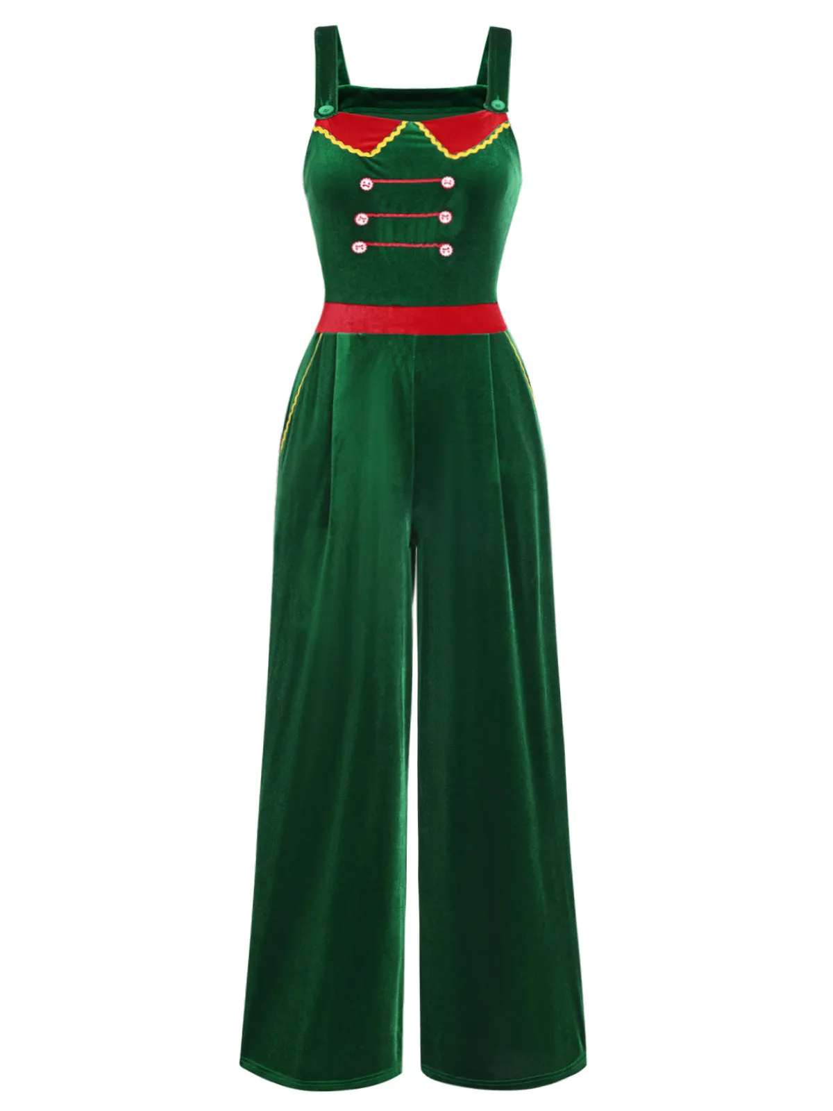 Green 1940s Velvet Button-Embellished Jumpsuit