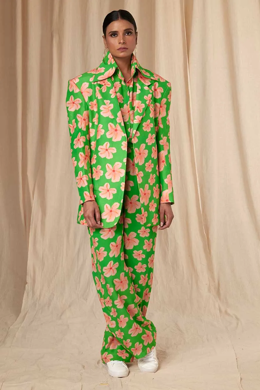 Green Flower Passion Shirt Pants & Blazer Set (3Pc)