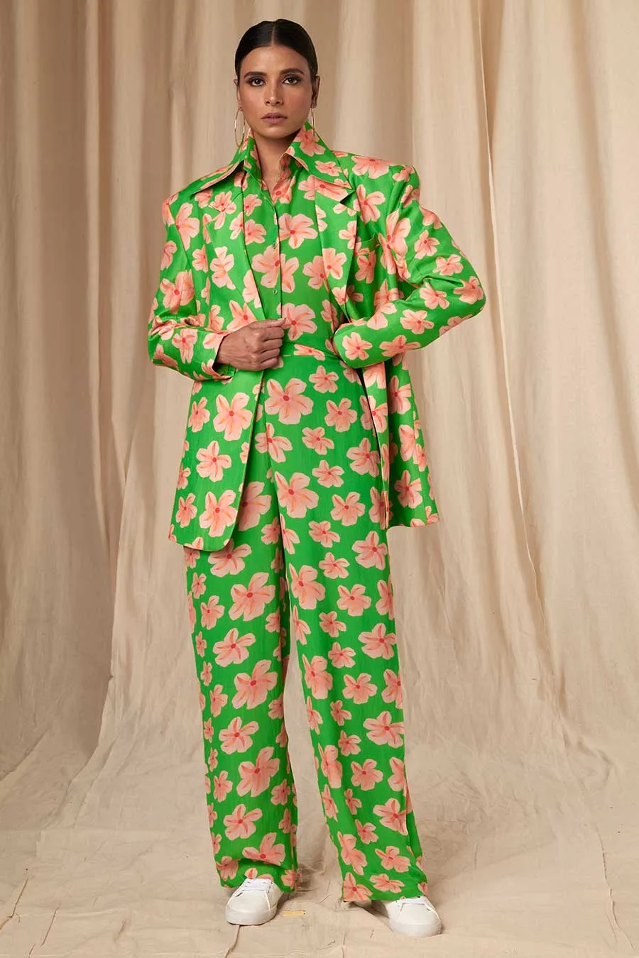 Green Flower Passion Shirt Pants & Blazer Set (3Pc)