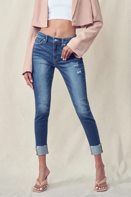 HIGH RISE SKINNY JEANS WITH ANKLE DETAIL  (DK WASH)