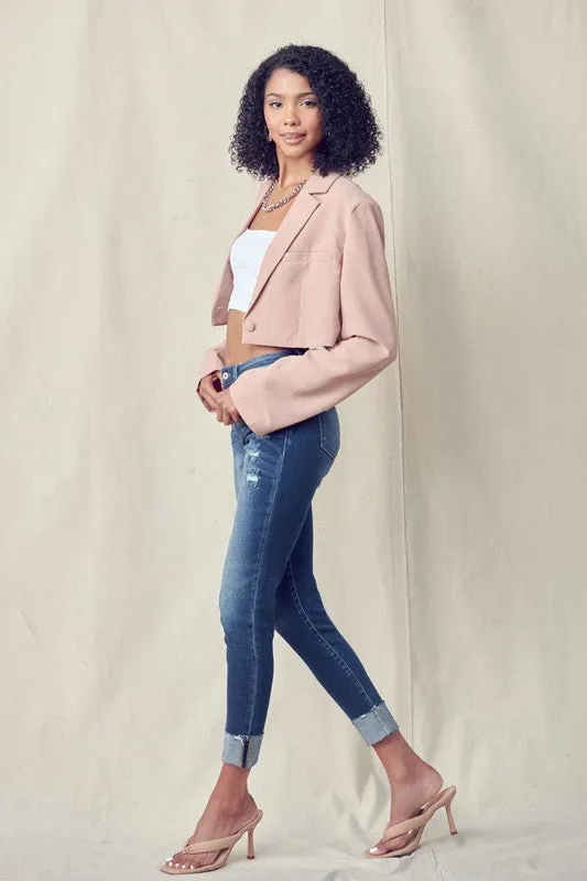 HIGH RISE SKINNY JEANS WITH ANKLE DETAIL  (DK WASH)