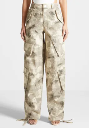 High Waisted Camo Cargo Pants - Beige