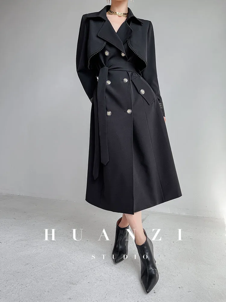 Huanzi spring women's long-sleeved black lace-up windbreaker midi coat- Lisud