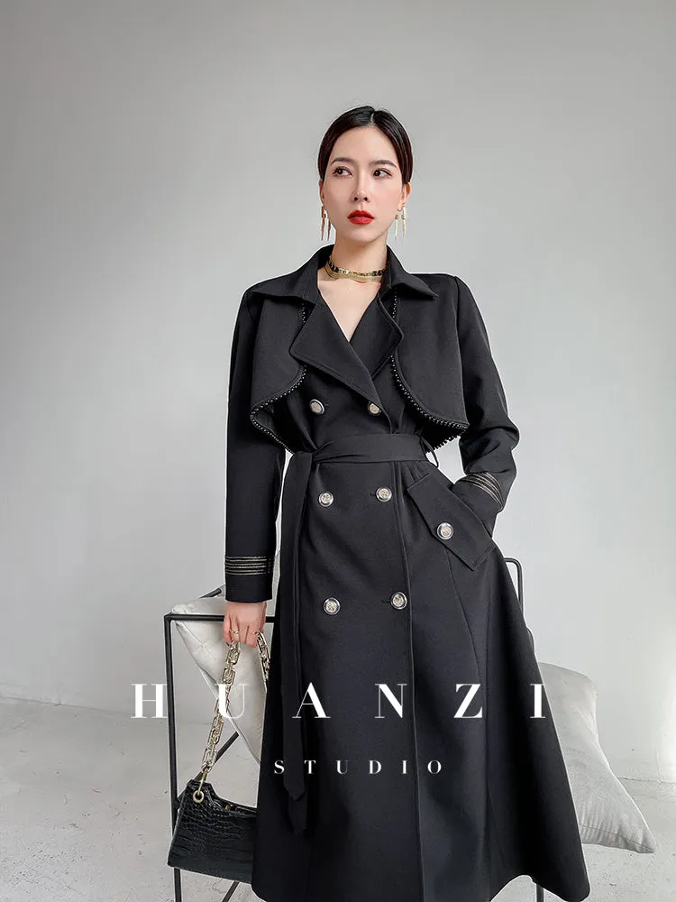 Huanzi spring women's long-sleeved black lace-up windbreaker midi coat- Lisud