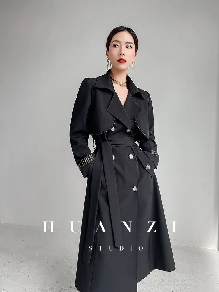 Huanzi spring women's long-sleeved black lace-up windbreaker midi coat- Lisud