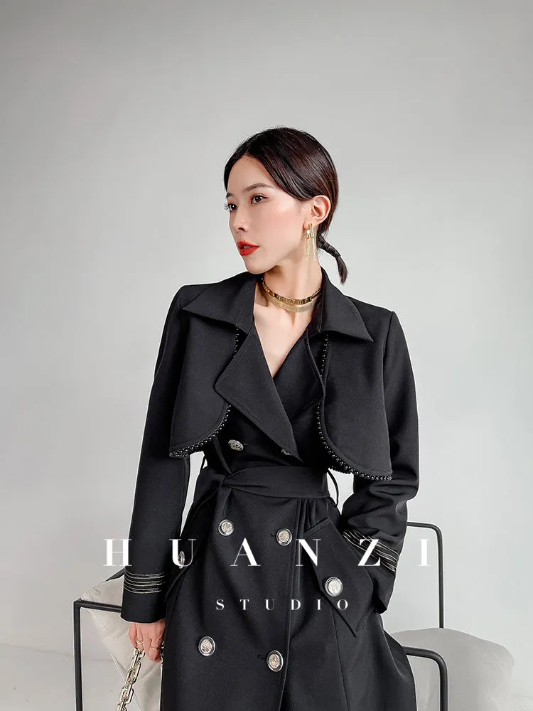 Huanzi spring women's long-sleeved black lace-up windbreaker midi coat- Lisud