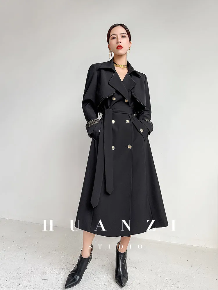 Huanzi spring women's long-sleeved black lace-up windbreaker midi coat- Lisud