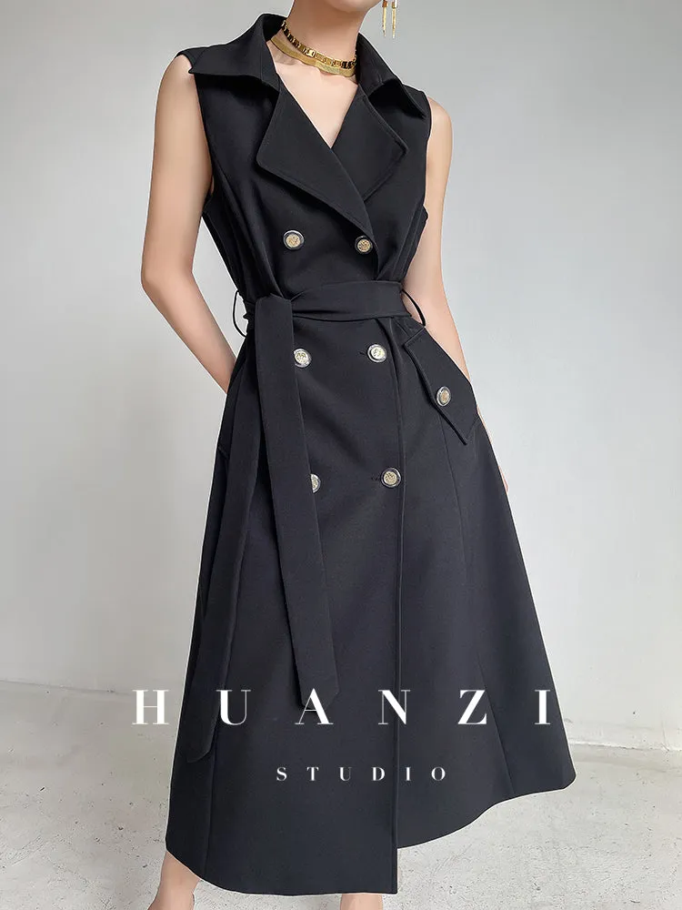 Huanzi spring women's long-sleeved black lace-up windbreaker midi coat- Lisud