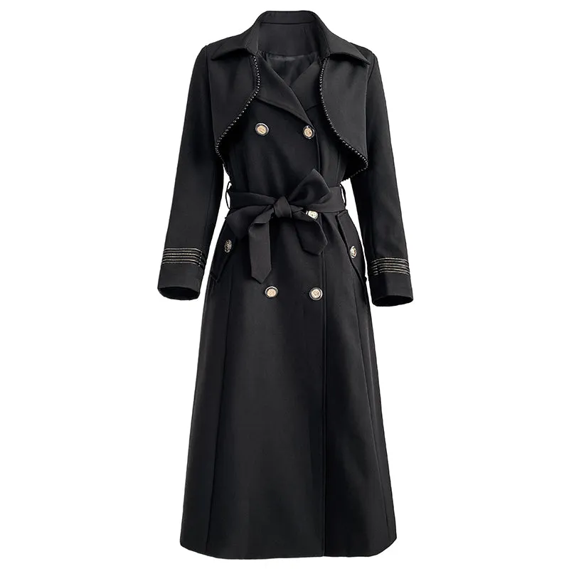 Huanzi spring women's long-sleeved black lace-up windbreaker midi coat- Lisud