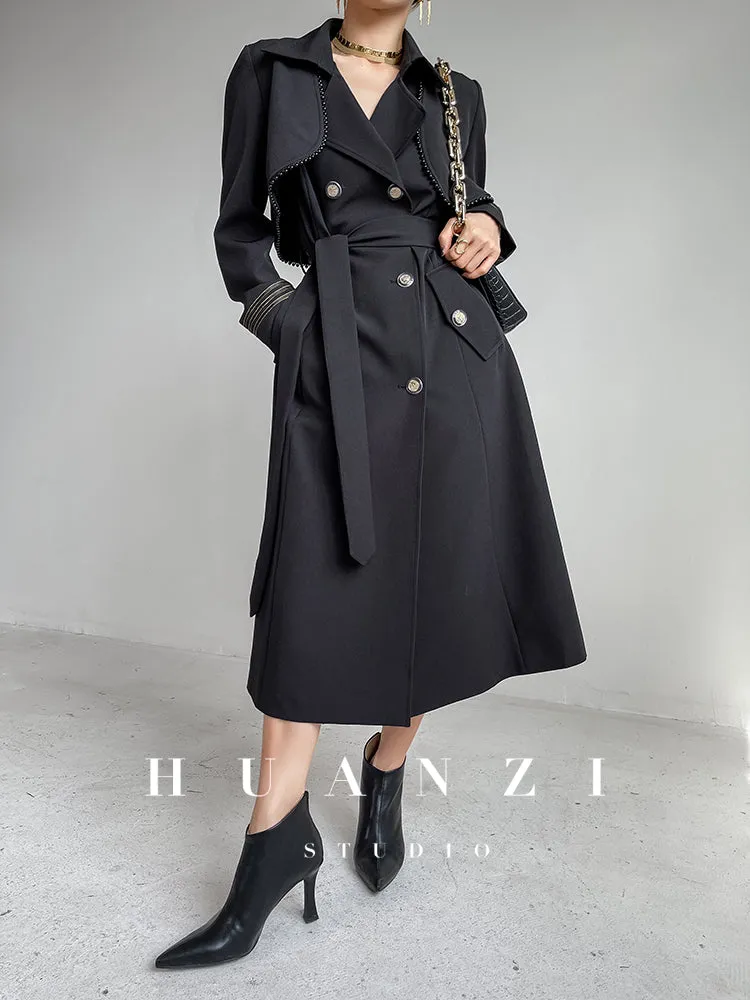 Huanzi spring women's long-sleeved black lace-up windbreaker midi coat- Lisud