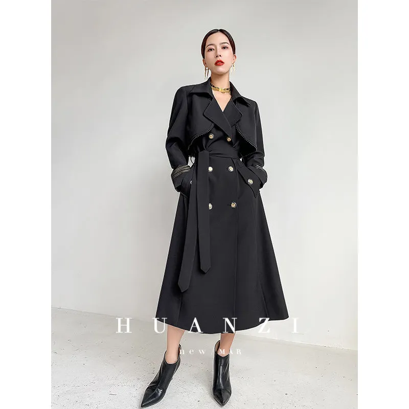 Huanzi spring women's long-sleeved black lace-up windbreaker midi coat- Lisud