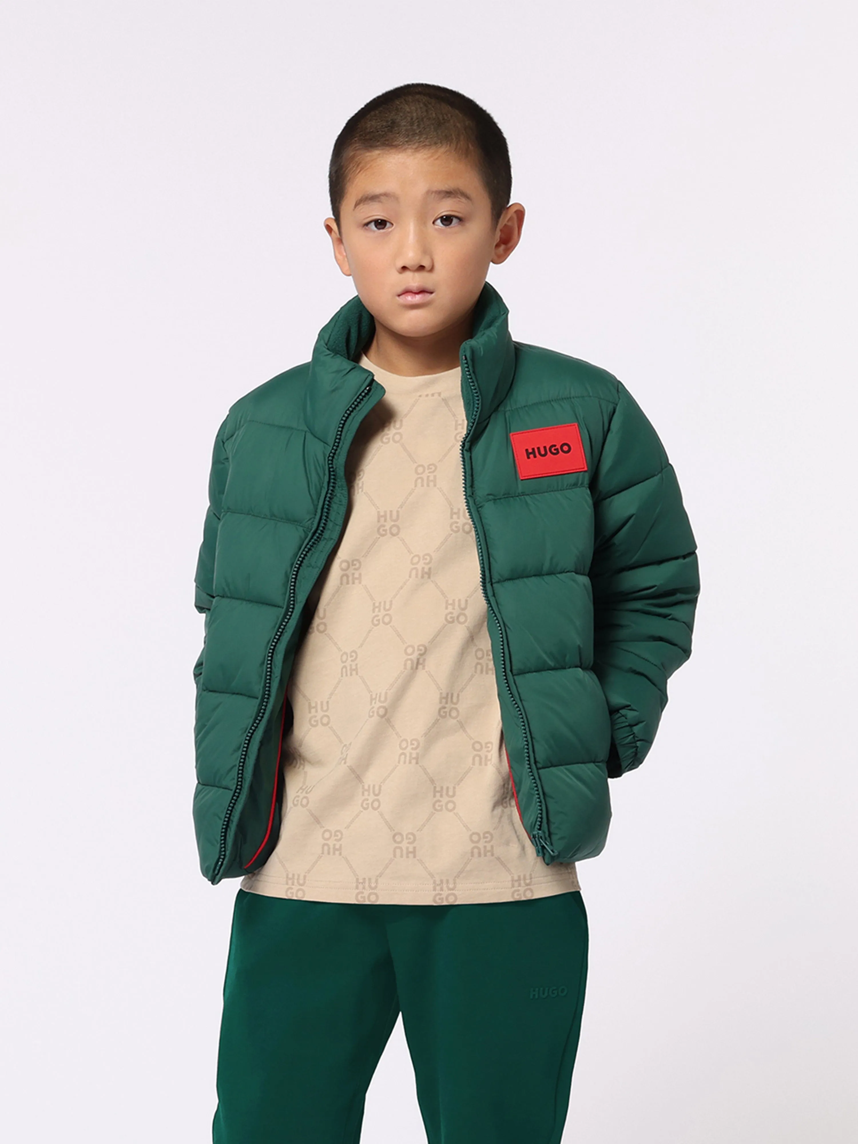 Hugo Boys Logo Puffer Jacket in Green