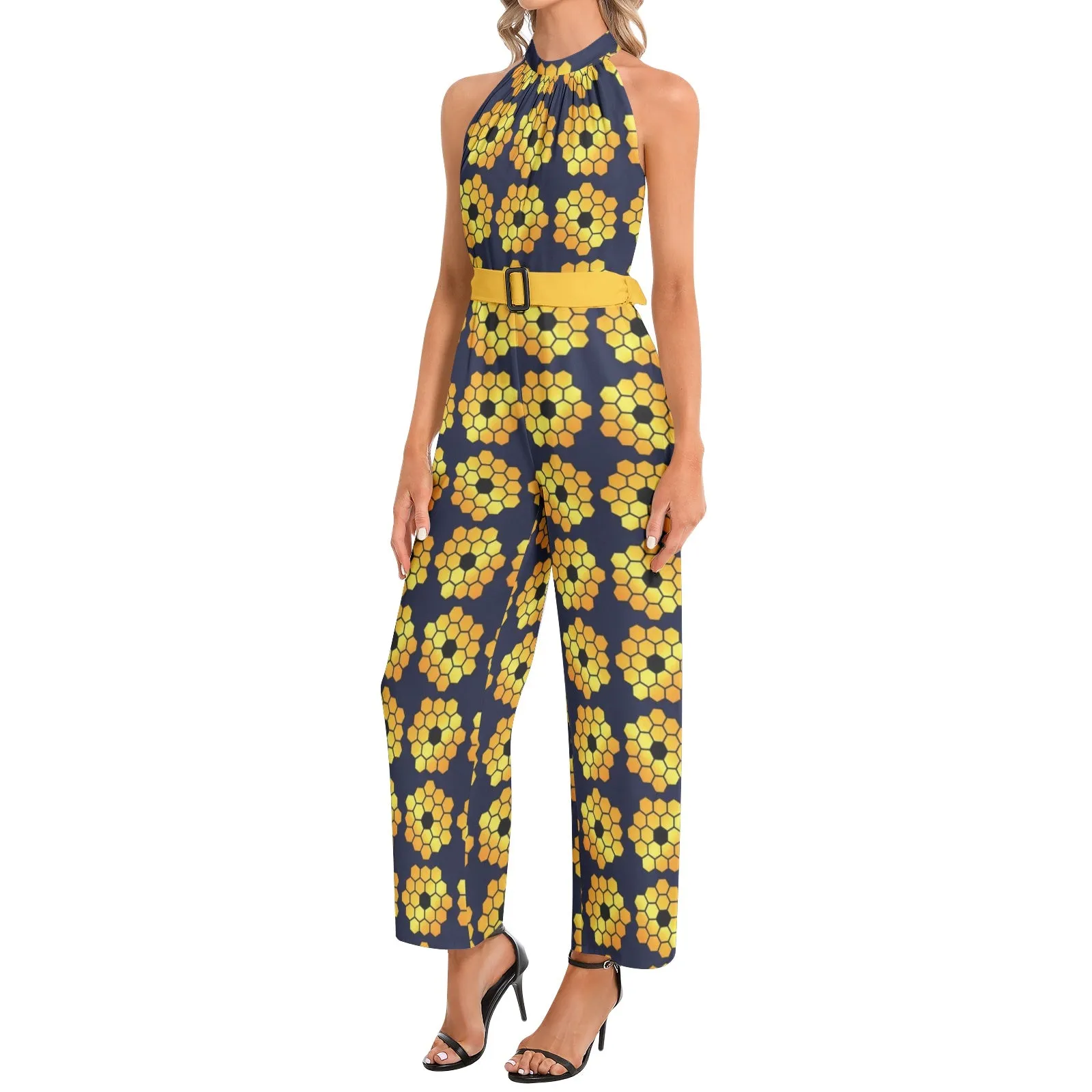 L2 Orbit Halter Neck Buckle Belted Jumpsuit