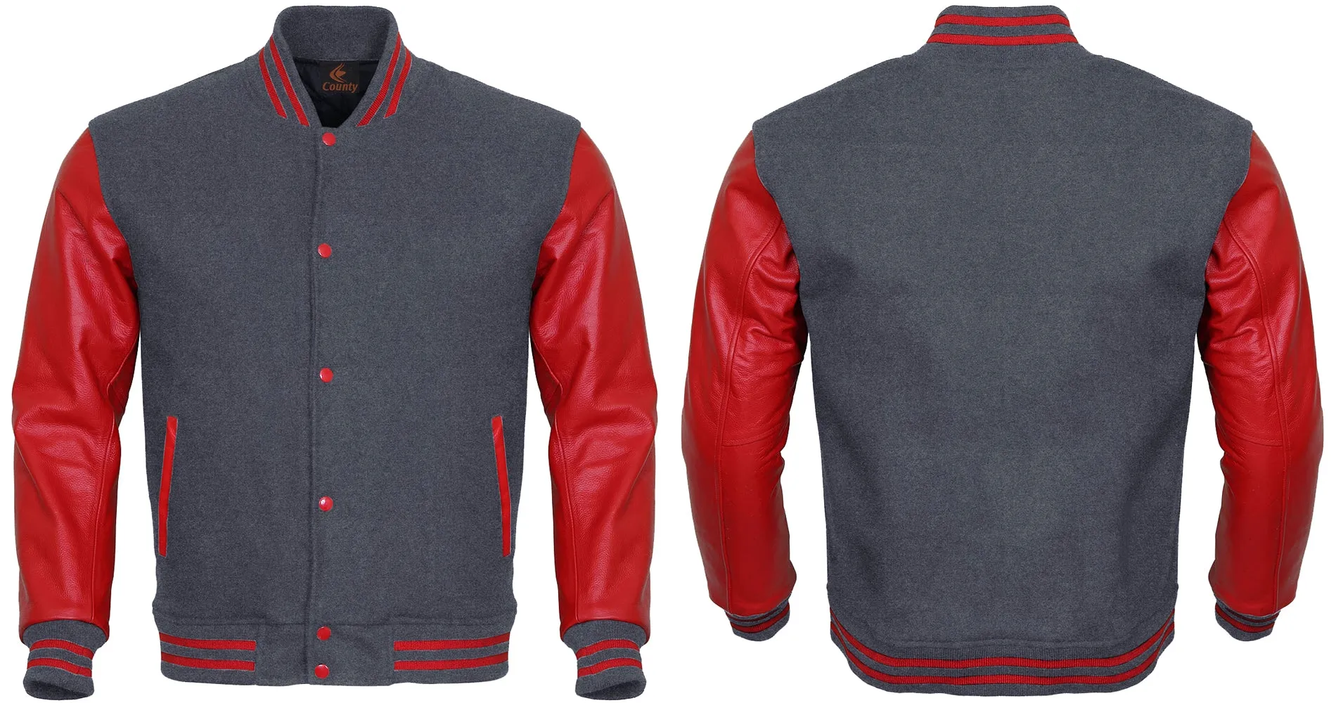 Ladies Varsity Jacket Gray Body and Red Leather Sleeves Varsity Jacket